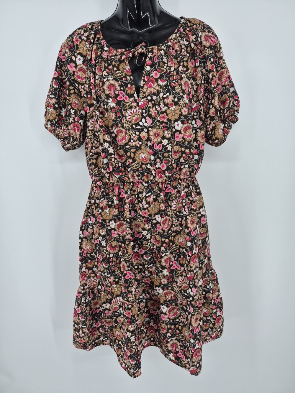 Ann Taylor Midi A Line Cottage Core Dress Womens M Brown Pink Floral Puff Sleeve